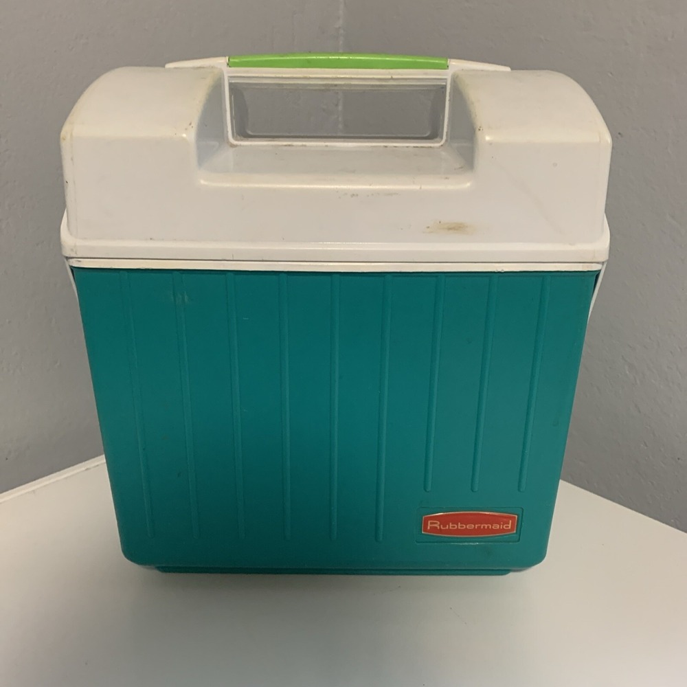 Vintage Rubbermaid Sidekick Cooler Teal with bright green accents